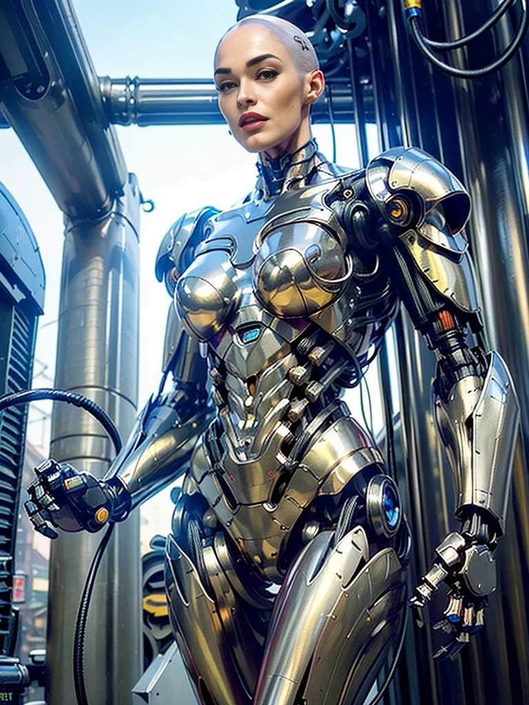 (beautiful muscular female cyborg:1.25), (megan-fox:1.5), (full body pose), (metallic muscular armor:1.5), (no hair), (bald head covered in cables:1.5), (robotic mechanical physique:1.5), (super muscular female cyborg:1.5), (covered in cables and mechanical muscles:1.5), (android muscular anatomy:1.5), (perfect fingers:1.25),(8k, RAW photo, photorealistic:1.25), sci fi atmosphere, futuristic dystopia, alien landscape,