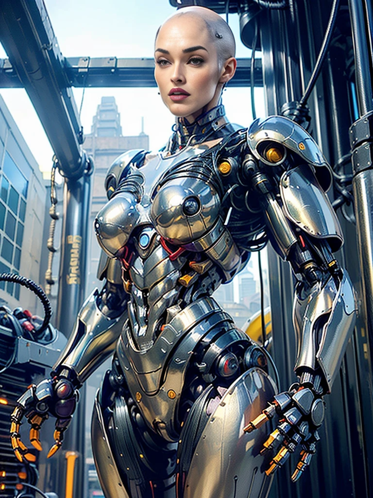 (beautiful muscular female cyborg:1.25), (megan-fox:1.5), (full body pose), (metallic muscular armor:1.5), (no hair), (bald head covered in cables:1.5), (robotic mechanical physique:1.5), (super muscular female cyborg:1.5), (covered in cables and mechanical muscles:1.5), (android muscular anatomy:1.5), (perfect fingers:1.25),(8k, RAW photo, photorealistic:1.25), sci fi atmosphere, futuristic dystopia, alien landscape,
