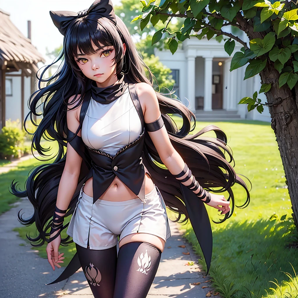 (masterpiece, best quality:1.2), cowboy shot, solo, 1girl, blake belladonna, expressionless, closed mouth, looking at viewer, black hair bow, white shirt, detached sleeve, pantyhose, legwear under shorts, country lane