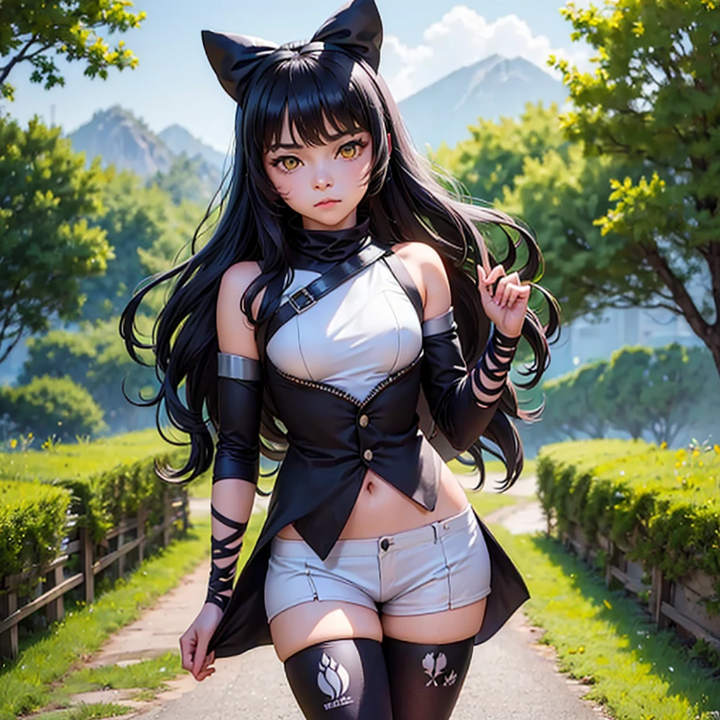 (masterpiece, best quality:1.2), cowboy shot, solo, 1girl, blake belladonna, expressionless, closed mouth, looking at viewer, black hair bow, white shirt, detached sleeve, pantyhose, legwear under shorts, country lane