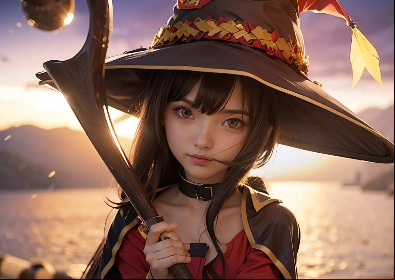 Megumin pose, konosuba, girl, witch hat & baton, red suit