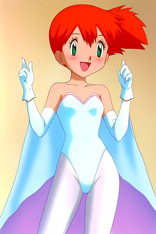 misty, 1 girl, solo, looking_at_viewer, blush, short_hair, open_mouth, bangs, gloves, bare_shoulders, green_eyes, standing, collarbone, small_breasts, elbow_gloves, indoors, white_gloves, hand_up, cape, orange_hair, black_eyes, flat_chest, side_ponytail, cosplay, eyelashes, strapless, bodysuit, smile, clenched_hand, adapted_costume, strapless_leotard, white_pantyhose, hair_tie, white_leotard,  pink_pantyhose, seductive