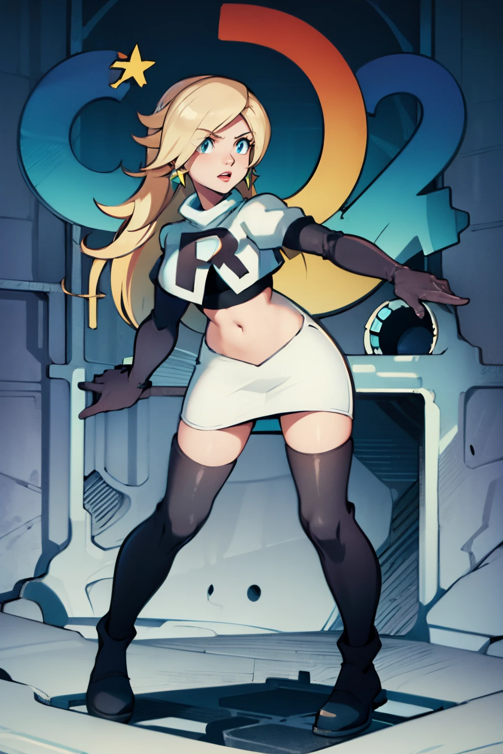 rosalina,team rocket,team rocket uniform, red letter R, white skirt,white crop top,black thigh-highs,black elbow gloves,