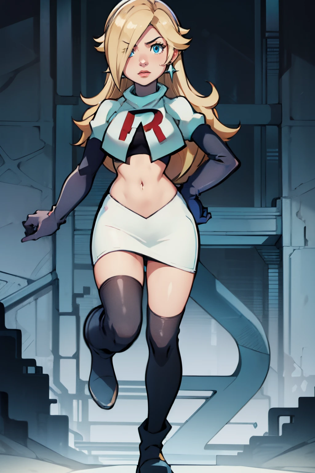 rosalina,team rocket,team rocket uniform, red letter R, white skirt,white crop top,black thigh-highs,black elbow gloves,