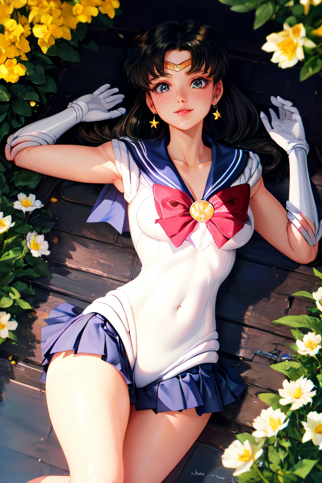 (Extreme Detail CG Unity 8K wallpaper, masterpiece, highest quality), (exquisite lighting and shadow, highly dramatic picture, cinematic lens effect), (Sailor Moon: 1.4), delicate facial features, charming smile, star eyes, ((dark green hair)), tight top, white gloves, mini skirt, dynamic pose, lying in the garden), (background in a garden full of flowercellent detail, outstanding lighting, wide angle), (excellent rendering, enough to be proud of its kind),