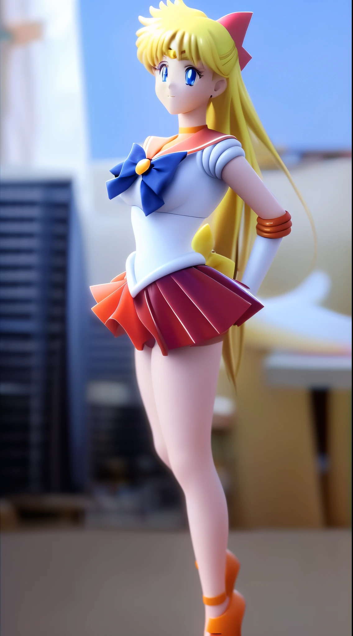 rialistic photo、Real Images、Sexy Ponytail、Top image quality、sailorvenus、Sailor Senshi、a miniskirt、white panty、sailorvenus、There is a woman wearing a short skirt and a sailor uniform., propaganda ,  a picture, Bottom Angle, Spectacular angles and poses, cute  face、, Anime Girl , highly detailed giantess shot, photorealistic anime girl render, hyper real render