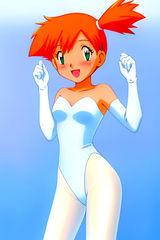 misty, 1 girl, solo, looking_at_viewer, blush, short_hair, open_mouth, bangs, gloves, bare_shoulders, green_eyes, standing, collarbone, small_breasts, white_elbow_gloves, indoors, hand_up, orange_hair, black_eyes, flat_chest, side_ponytail, cosplay, eyelashes, strapless, bodysuit, smile, clenched_hand, adapted_costume, strapless_leotard, white_pantyhose, hair_tie, white_leotard, pink_pantyhose, seductive