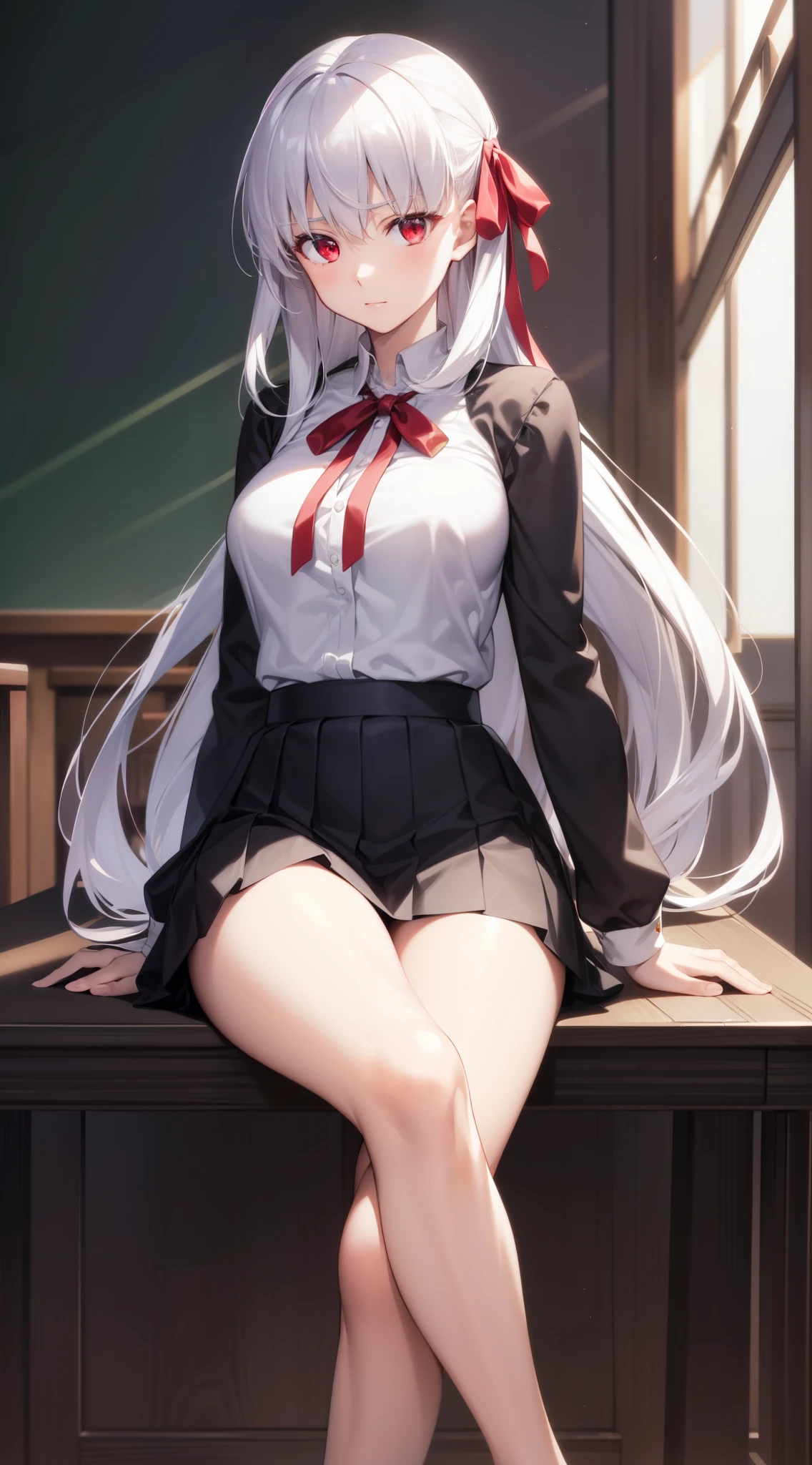 fgokama, kama, hair ribbon, (red eyes), red ribbon, ribbon, long hair, white hair, masterpiece, best quality, high resolution, unity 8k wallpaper, (illustration:0.8), beautiful detailed eyes, extremely detailed face, perfect lighting, extremely detailed CG, perfect hands, perfect anatomy, classroom, (school uniform), sitting, (white blouse), short black pleated miniskirt, (crossing legs:1.2)