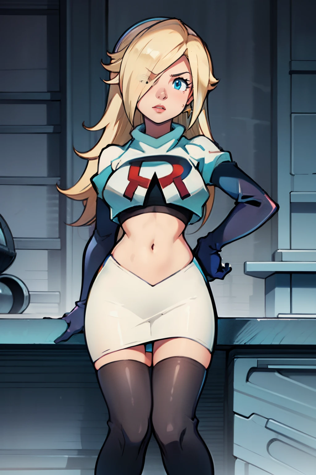 rosalina,team rocket,team rocket uniform, red letter R, white skirt,white crop top,black thigh-highs,black elbow gloves,