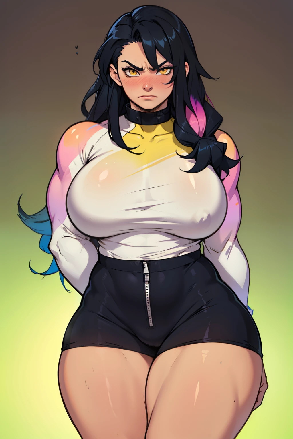 1girl solo black hair yellow eyes very long hair pale skin muscular muscular muscular muscular toned body huge muscles thick thighs girl tight clothes angry blushing messy hair tight shirt long sleeves thick thick thick thick (gradient hair gradient hair gradient hair gradient hair gradient hair gradient hair)