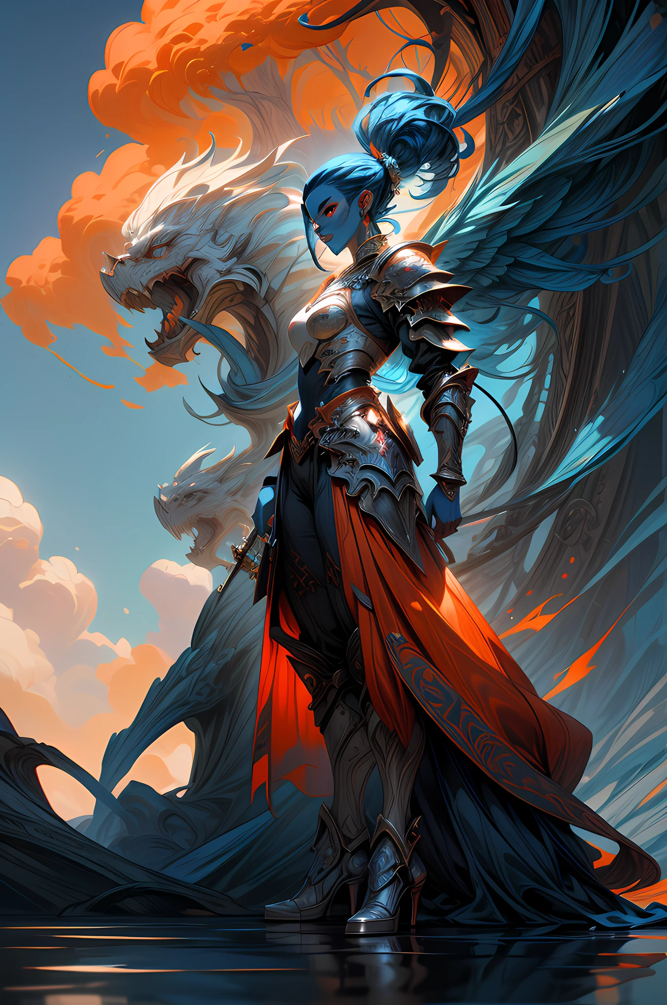 fantasy art, dnd art, RPG art, drkfntasy wide shot, (masterpiece:1.3), full body intense details, highly detailed, photorealistic, best quality, highres, portrait of a exotic race vedalken female (fantasy art, Masterpiece, best quality: 1.3) (blue colored skin: 1.3), intense details facial detail fantasy art, Masterpiece, best quality)cleric, (blue colored skin: 1.3) 1person blue_skin, (bold head: 1.4), intense green eye, fantasy art, Masterpiece, best quality) armed a fiery sword red fire, wearing heavy (white: 1.3) half plate mail armor LnF wearing high heeled laced boots, wearing an(orange :1.3) cloak within fantasy temple near river background and sun and clouds, reflection light, high details, best quality, 16k, [ultra detailed], masterpiece, best quality, (extremely detailed), dynamic angle, ultra wide shot, photorealistic, RAW, fantasy art, dnd art, fantasy art, realistic art