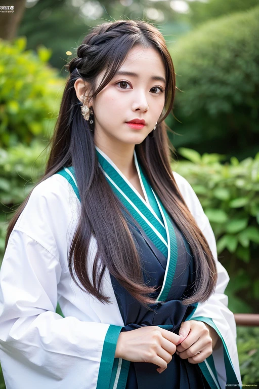 Excelente Obra-Prima, 1 cinta,cabelo para cima, pele clara, Hanfu para meninas, cabelos pretos, garota, olhos negros, Roupas da dinastia Han, coalescence, super claro, retoque facial, fundo da lagoa, olhando para o espectador,Sente-se na cadeira