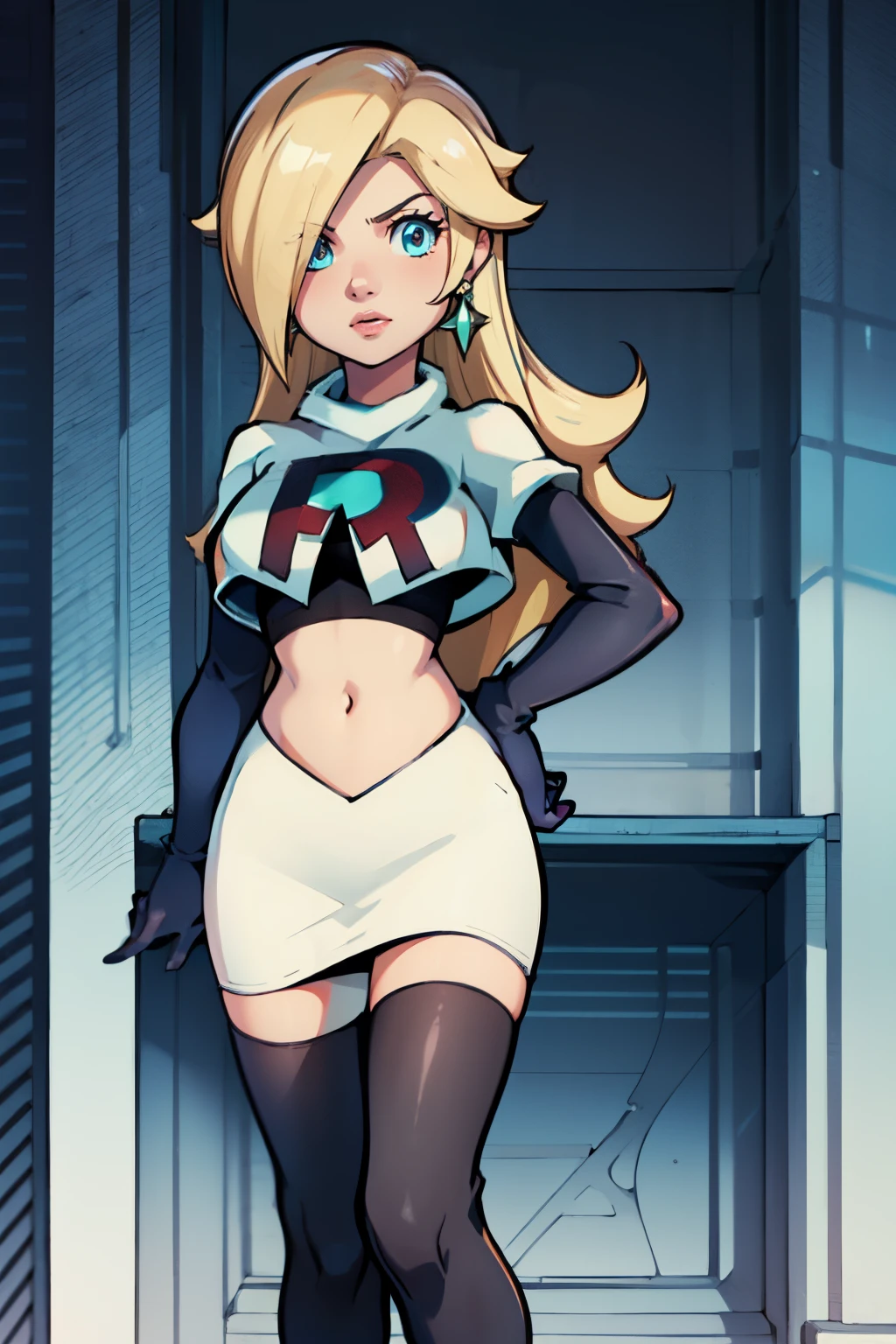 rosalina,team rocket,team rocket uniform, red letter R, white skirt,white crop top,black thigh-highs,black elbow gloves,