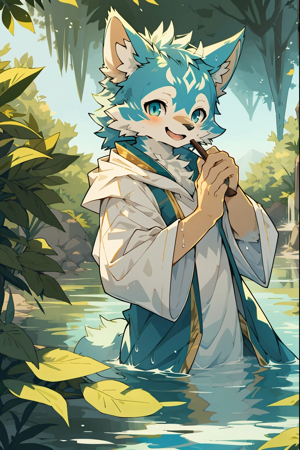 cover_page, highres, top quality, best quality, paid reward available, High-quality illustrations, unparalleled masterpiece, perfect artwork, absurdres, super high resolution, detailed background(1girl, Solo focus, furry anthro, kemono)bathing in water, beautiful refraction of water, Dreamy, mystical, erotic, Happy, joyful(Photos of solo travelers)cinematic lighting, dynamic angle,