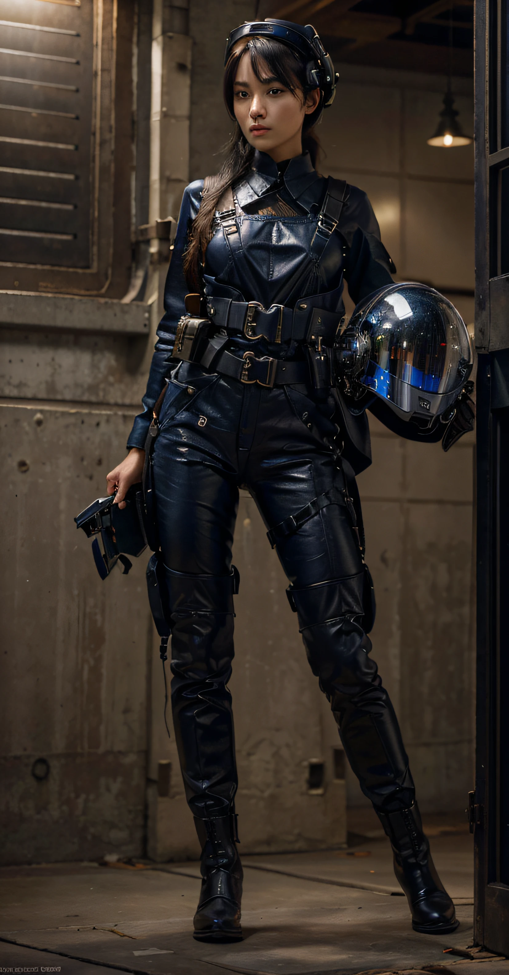 Very beautiful woman, Japanese characteristics, Highly detailed face, black hair, military fabric overalls, Dark blue color, Belt with ammunition, Leather harnesses, Black leather gloves, Highly detailed hands, In her hand she has an advanced helmet, Cyborg helmet , Black military boots, they are inside an ultra-advanced military installation. You can see a deactivated mecha, blue and white in the background, Ultra detailed, hyperrealistic, 4k, Ultra detailed, realistic image, Highly detailed, perfect composition, very beautiful, Intricately detailed, incredibly detailed, Art photography 8K, hyper detailed, Masterpiece, Ultra detailed, hyper realistic, 4k, Ultra detailed image, realistic, Highly detailed, perfect composition, beautiful, intricately detailed, incredibly detailed, 8k art photography, hyper detailed, masterpiece