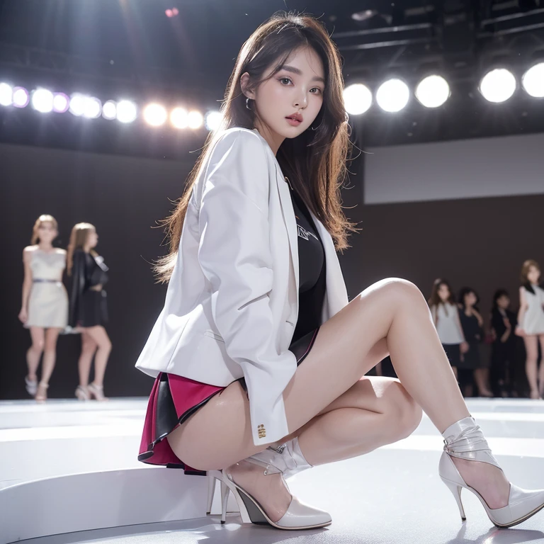 1 girl in、(super beautiful)、(beauitful face:1.5)、A detailed的the face、kpop stake:1.3)、(:1.1)、(Cool jacket and miniskirt:1.1)、white colors、high-heels、Concert stage、(at san francisco fashion week:1.5)