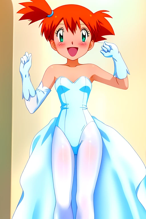 misty, 1 girl, solo, looking_at_viewer, blush, short_hair, open_mouth, bangs, gloves, bare_shoulders, green_eyes, standing, collarbone, small_breasts, white_elbow_gloves, indoors, hands_down, orange_hair, black_eyes, flat_chest, side_ponytail, cosplay, eyelashes, strapless, bodysuit, smile, clenched_hand, adapted_costume, strapless_leotard, white_pantyhose, hair_tie, white_leotard, pink_pantyhose, seductive
