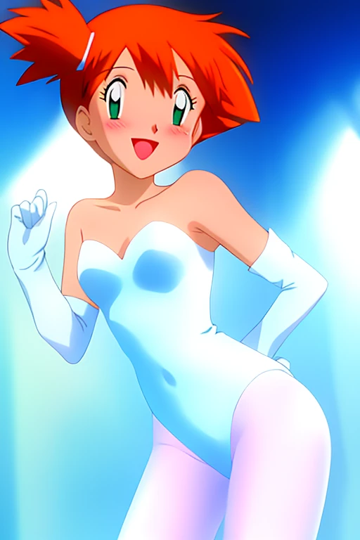 misty, 1 girl, solo, looking_at_viewer, blush, short_hair, open_mouth, bangs, gloves, bare_shoulders, green_eyes, standing, collarbone, small_breasts, white_elbow_gloves, indoors, hands_down, orange_hair, black_eyes, flat_chest, side_ponytail, cosplay, eyelashes, strapless, bodysuit, smile, clenched_hand, adapted_costume, strapless_leotard, white_pantyhose, hair_tie, white_leotard, pink_pantyhose, seductive