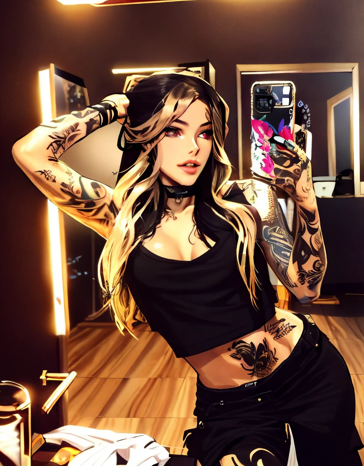 arafed woman with tattoos taking a selfie in a mirror, with tattoos, profile image, madison beer, brunette with dyed blonde front hair, inked, profile pic, looks like fabiula nascimento, marischa becker, julia fuentes, soft devil queen madison beer, sexy look, tattooed, instagram model, fernanda suarez, tattoo sleeve on her right arm