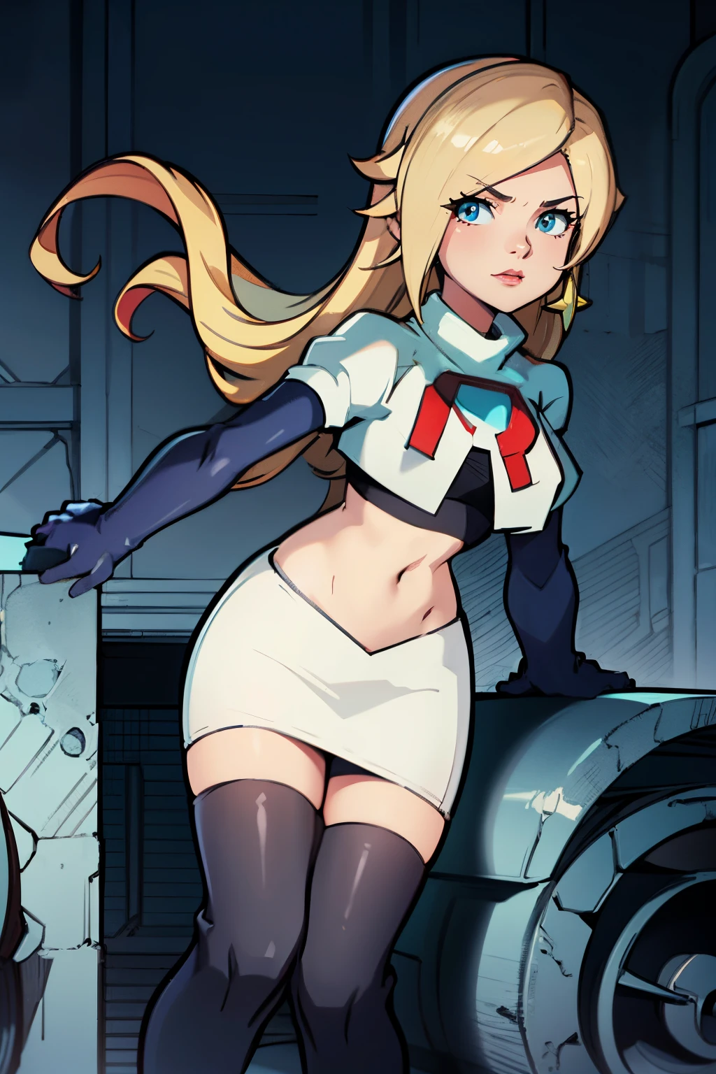 rosalina,team rocket,team rocket uniform, red letter R, white skirt,white crop top,black thigh-highs,black elbow gloves,