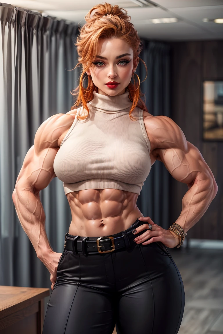 (a 20 year old Caucasian toned attractive woman, hands on hips, medium upper body portrait, long vibrant ginger hair, defined muscles, perfect pretty face:1.5), (feminine woman, mesomorph, beautiful expressive eyes, mascara, rosy cheeks, luscious red lips, perfect professional makeup, soft gentle smile, muscular, muscles, vascular, striations:1.4), (sleeveless turtleneck jumper, bare midriff, smart flared trousers, smart belt, hoop earrings, smart jewellery, perfect tits, six-pack, abs, obliques, biceps, deltoids, navel, triceps, thick thighs, feminine professional attire:1.3), (best quality, high quality, 8k uhd:1.2),
