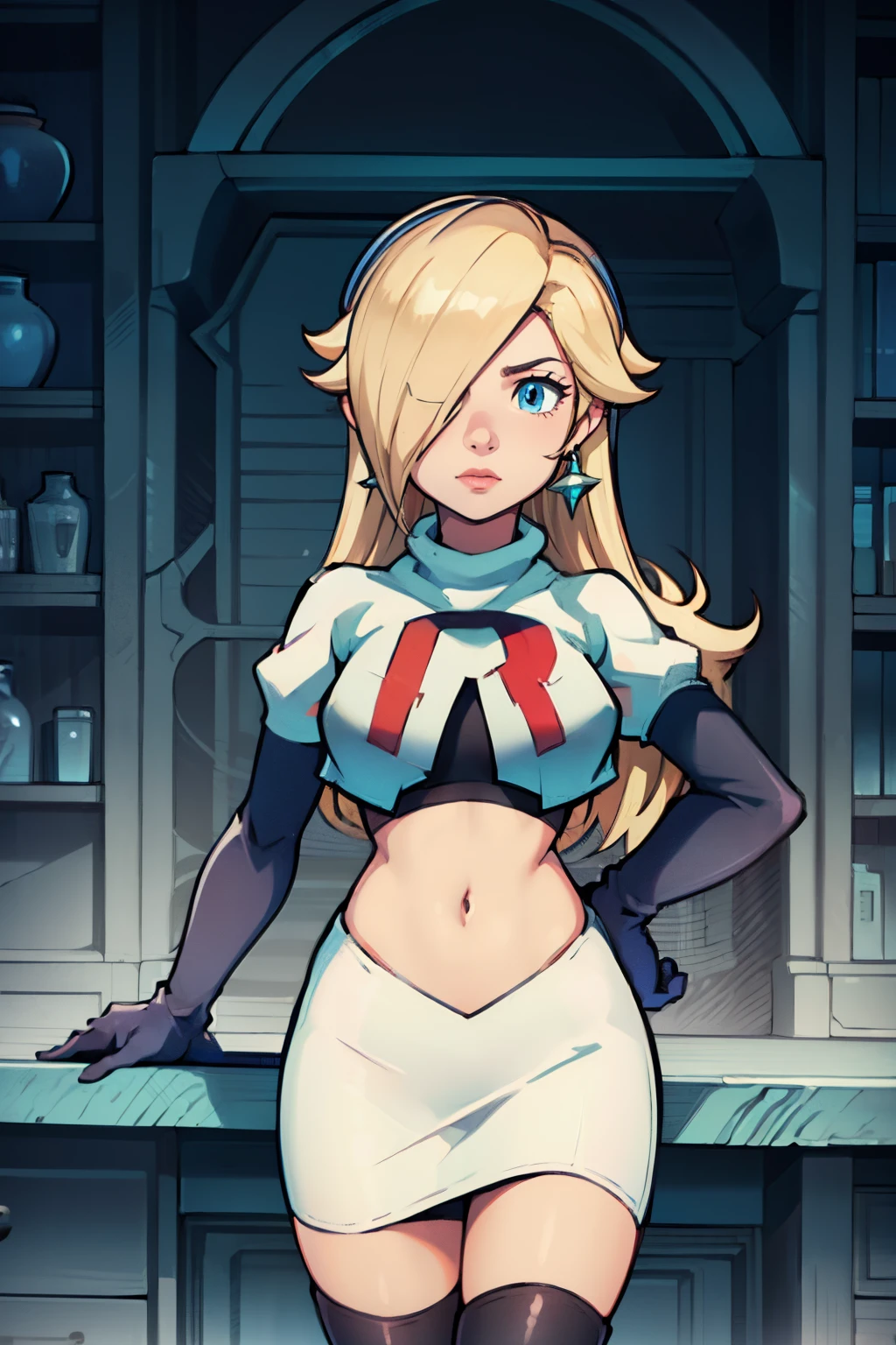 rosalina,team rocket,team rocket uniform, red letter R, white skirt,white crop top,black thigh-highs,black elbow gloves,