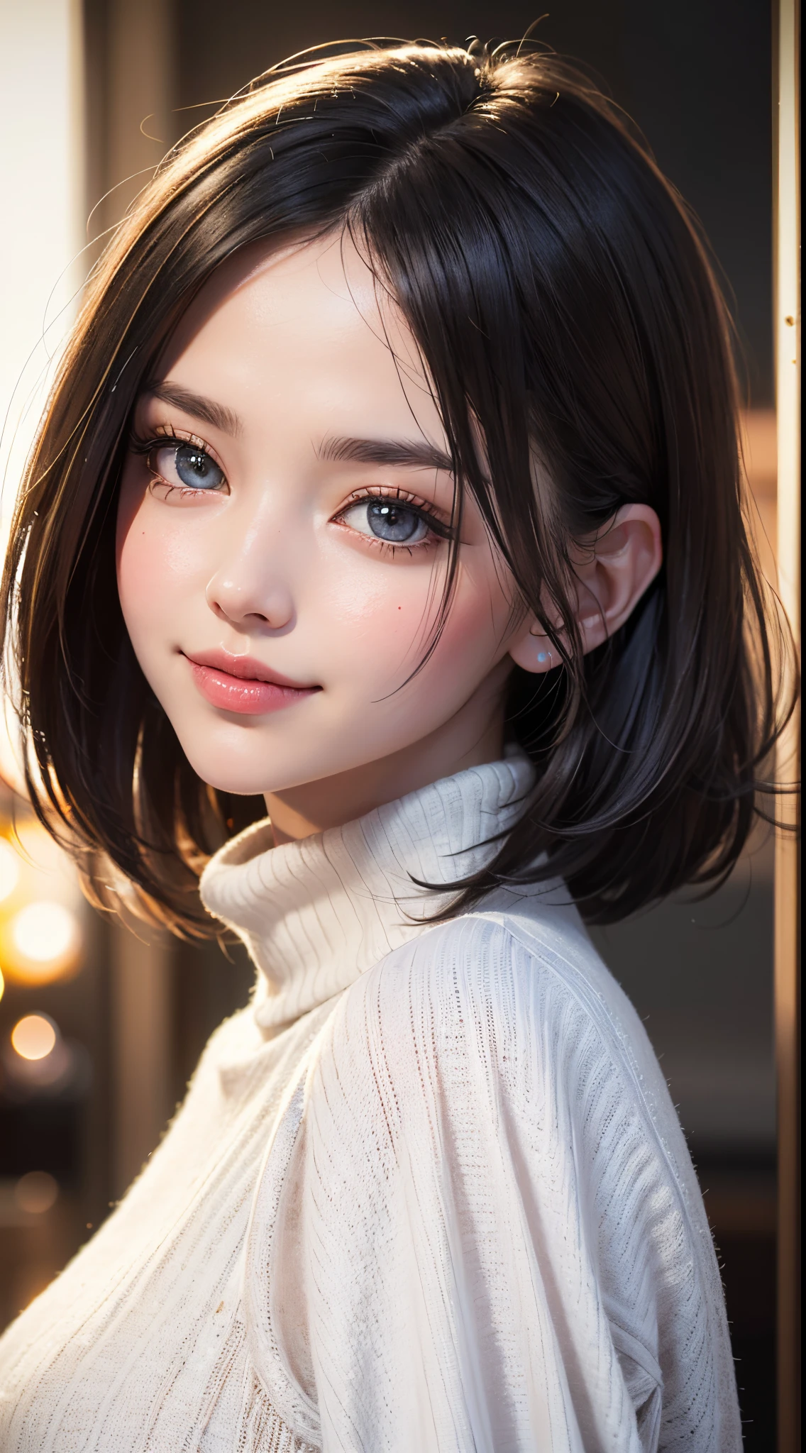 (UHD, retina, masterpiece, ccurate, anatomically correct, textured skin, super detail, high details, high quality, best quality, highres, 1080P, HD, 4K, 8k, 16k), (beautiful detailed eyes, beautiful detailed lips, extremely detailed eyes and face), studio lighting, physically-based rendering, vivid colorig tits, super big tits, super extra big tits, glamorous body), (white turtleneck knit), (portrait, shiny hair, shiny skin), (bokeh), (tilt your head to the side:1.5), bob cut, asymmetrical hair, eye reflection, jet black hair, large eyes with a characteristic long cut, snow-like skin, pink lips, rosy cheeks, large breasts, a charming smile that captivates the onlookers, and an intelligent brain, (european face, sanpakugan:1.5),