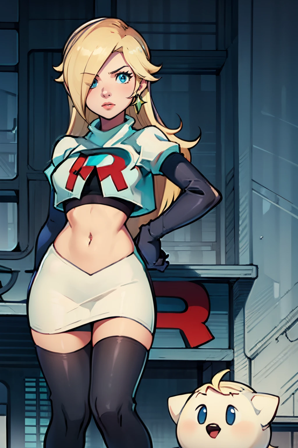 rosalina,team rocket,team rocket uniform, red letter R, white skirt,white crop top,black thigh-highs,black elbow gloves,