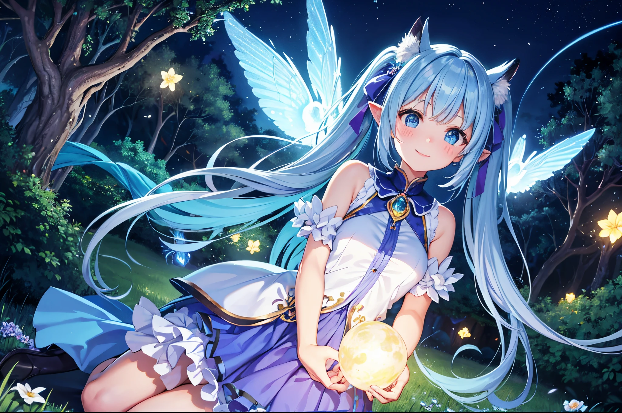 Dynamic Angle、 within a magical forest, a mystical fairy girl emerges, Light blue long hair、Hairstyle twin tails、Adorable smile, the glow of the moonlight, flower bloom、A pure white owl flies in the sky、Sparkling fireflies are flying, the air resonates with the ethereal symphony of nature's whispers, Creating a field where dreams and reality intersect,Create an overwhelming, fantastical fairy world