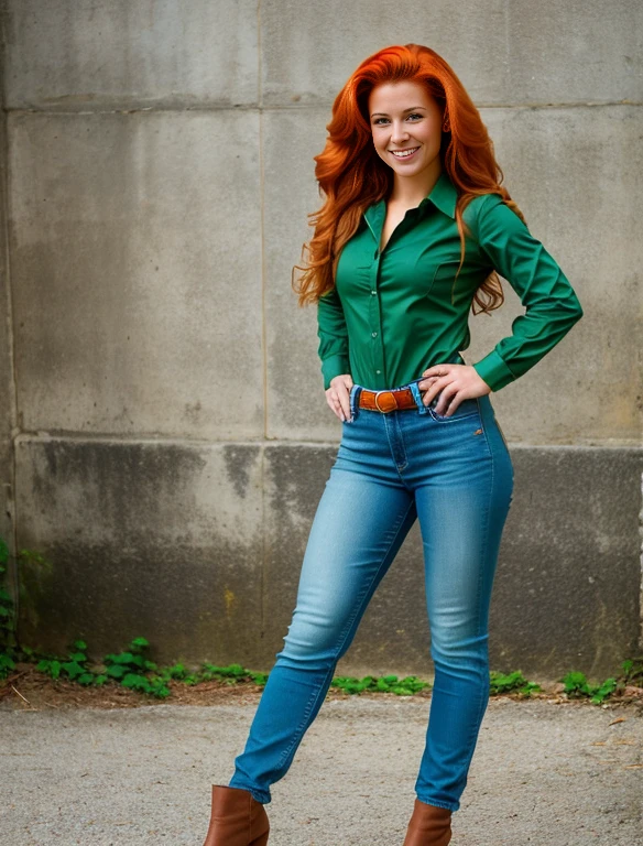 Realistic portrayal:1.2, photorealistic, 8k, Sam from Totally Spies! long slightly wavy orange hair, emerald green eyes and fair skin; smiling,wearing a full body denim outfit. , wide-angle shot, high-angle shot