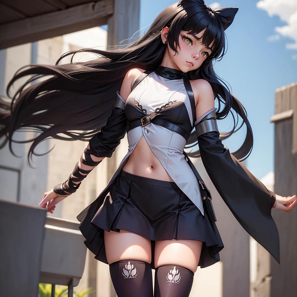 (masterpiece, best quality:1.2), cowboy shot, solo, 1girl, blake belladonna, expressionless, closed mouth, looking at viewer, black hair bow, white shirt, detached sleeve, pantyhose, legwear under shorts, standing on country lane