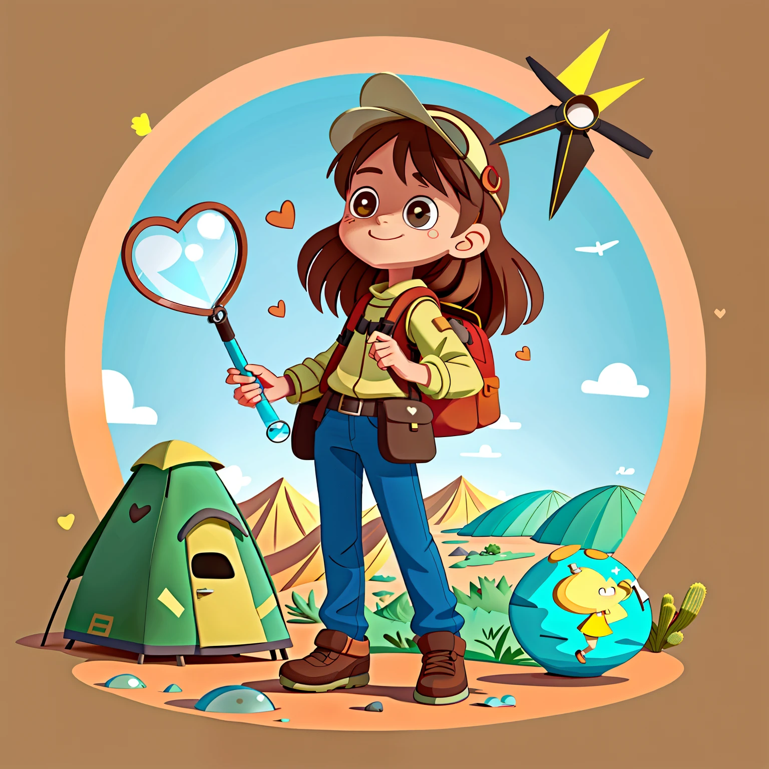 Girl with long brown hair,Adventure costumes,trouser,Carrying a large backpack,camping,A desert(There an oversized compass on the back)Holding heart shaped magnifying glass(Hold the magnifying glass in your hand)in the early morning,(There love)Happy,Surrounded by love,Surrounded by love,O sign,vector,line art,designs,inspiration,straight line,RHAD