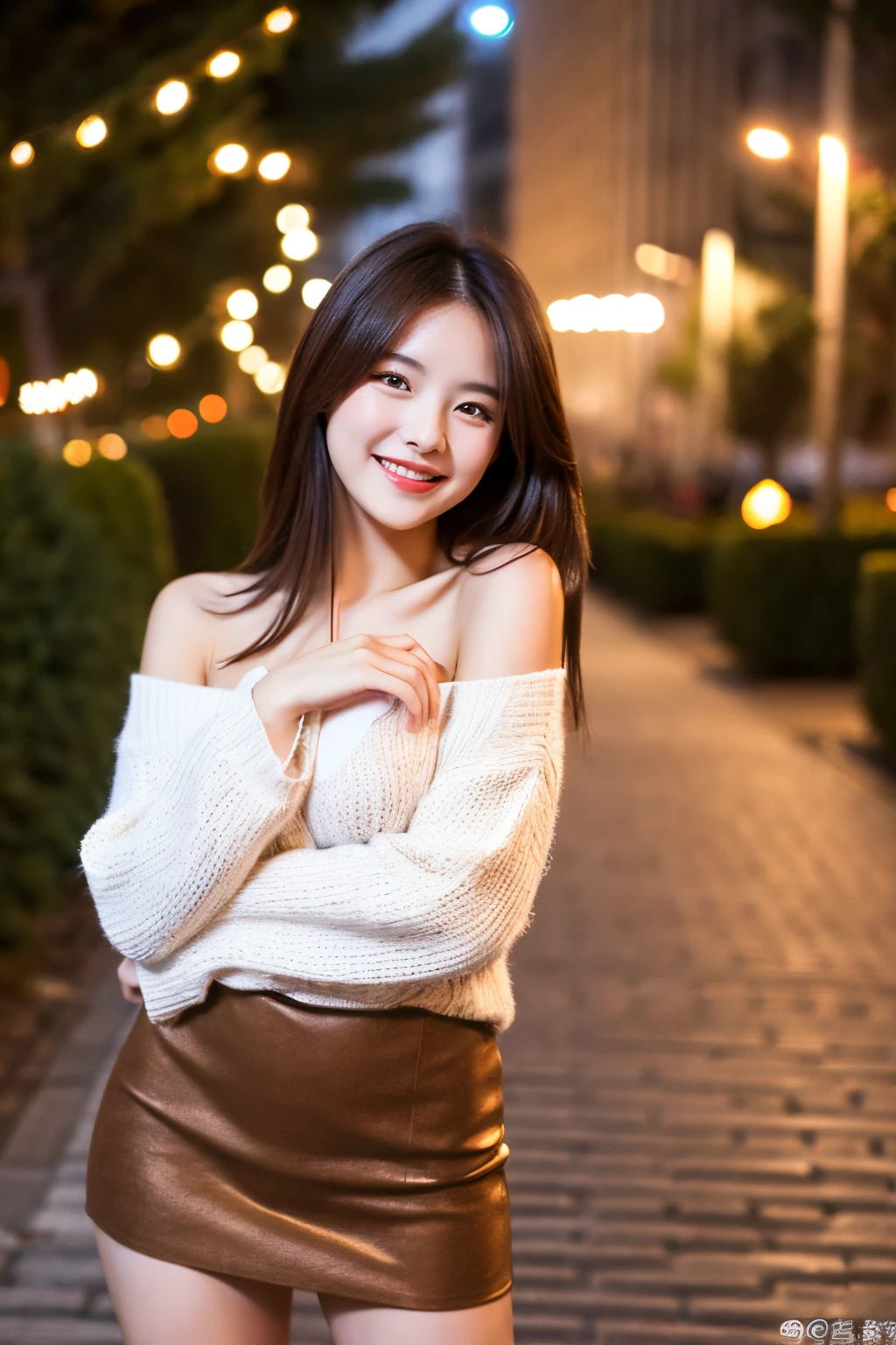 Masterpiece, top quality, high resolution, amazingly beautiful woman, not sexy fashion, wearing a sweater, skirt, straight hair, small breasts, natural colored lips, smiling, Christmas night pavement background, looking at camera , ((full) body shot)),