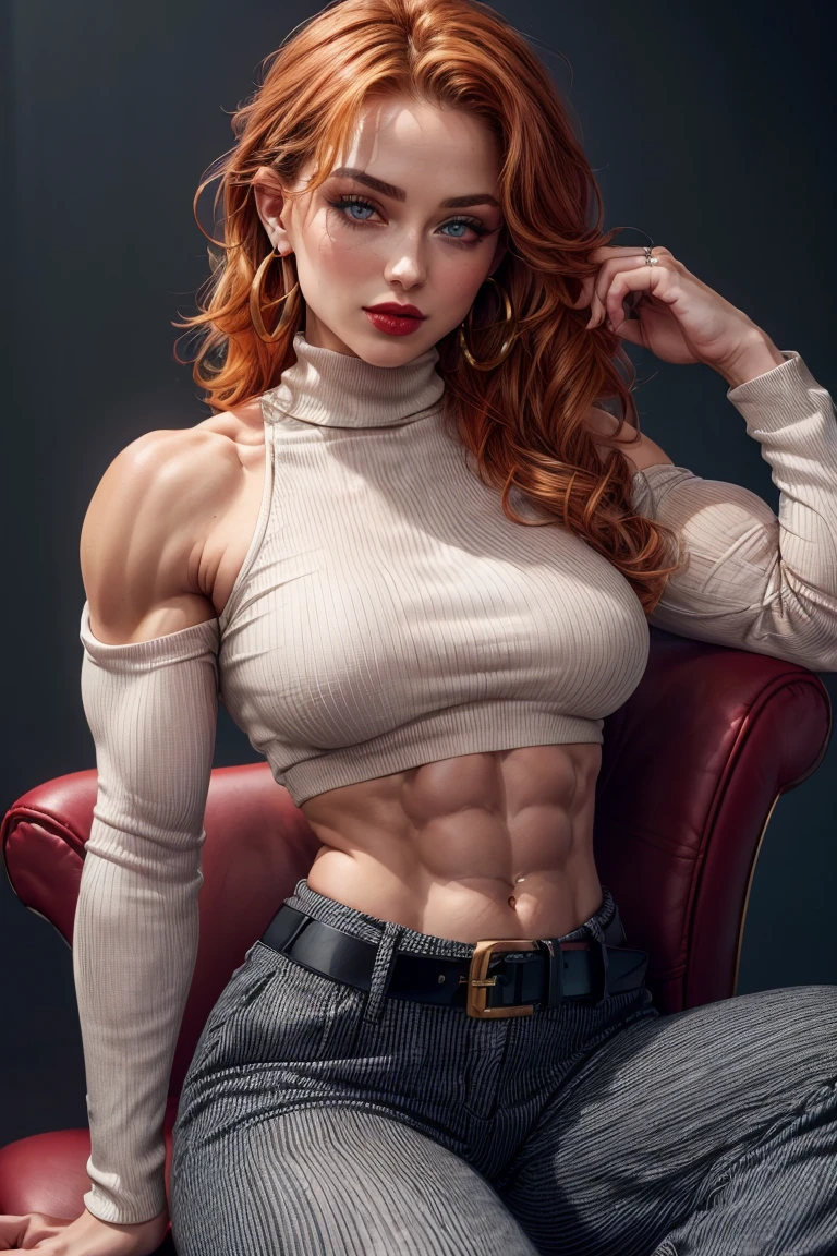 (a 20 year old Caucasian toned attractive woman, sitting seductively in an executive chair, legs spread, medium upper body portrait, long vibrant ginger hair, defined muscles, perfect pretty face:1.5), (feminine woman, mesomorph, beautiful expressive eyes, mascara, rosy cheeks, luscious red lips, perfect professional makeup, soft gentle smile, muscular, muscles, vascular, striations:1.4), (shoulderless long sleeved turtleneck jumper, bare midriff, smart flared trousers, smart belt, hoop earrings, smart jewellery, perfect tits, six-pack, abs, obliques, navel, thick thighs, biceps, deltoids, feminine professional attire:1.3), (best quality, high quality, 8k uhd:1.2),