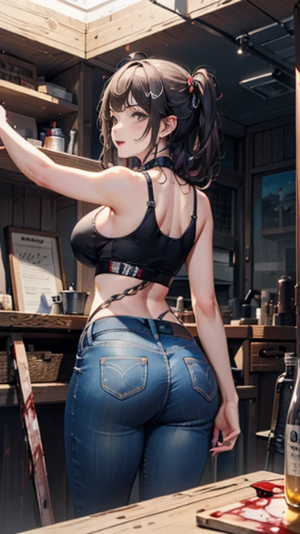 A girl whose face is stained with blood,Twin-tailed,large full breasts,big butts、Tank Tops,low rise jeans、posterior view,Looks Back,put out the tongue,torture room,murky,8K,High quality,Super Detail,super precision,Bloody,chain saw,