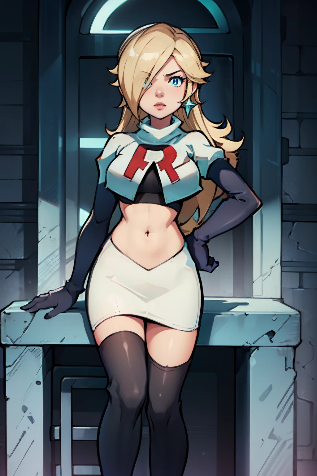 rosalina,team rocket,team rocket uniform, red letter R, white skirt,white crop top,black thigh-highs,black elbow gloves,