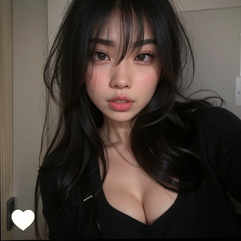 tem uma mulher com cabelo comprido e blusa preta, Asian girl, Ela tem cabelo preto com franja, Asian face, an Asian woman, she's facing the camera, 🤤 retrato da menina, sexy look at the camera, Beautiful Asian girl, 18 anos, asian female, ela tem um rosto bonito, south east asian with round face, Sensual expression