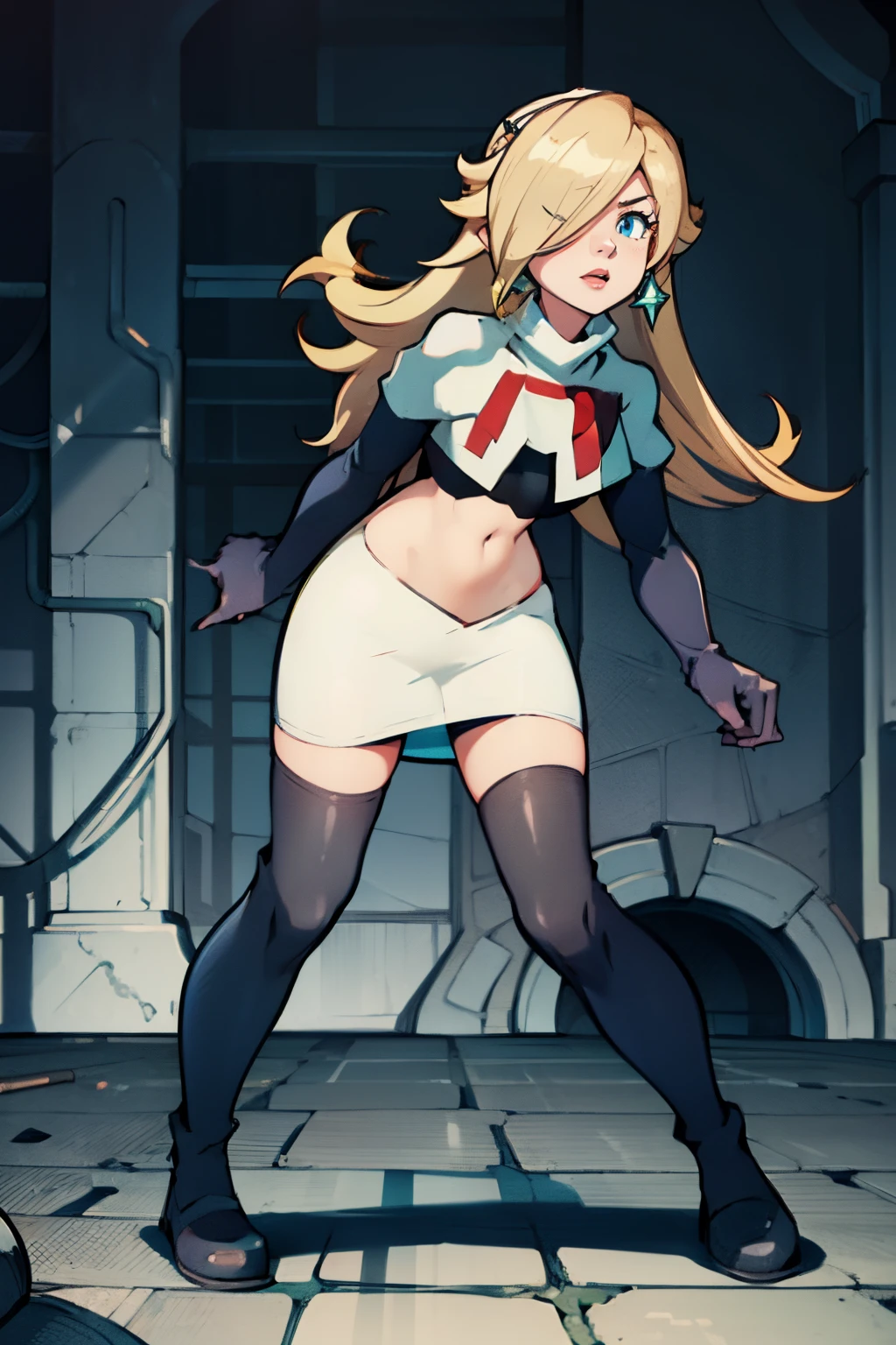 rosalina,team rocket,team rocket uniform, red letter R, white skirt,white crop top,black thigh-highs,black elbow gloves,