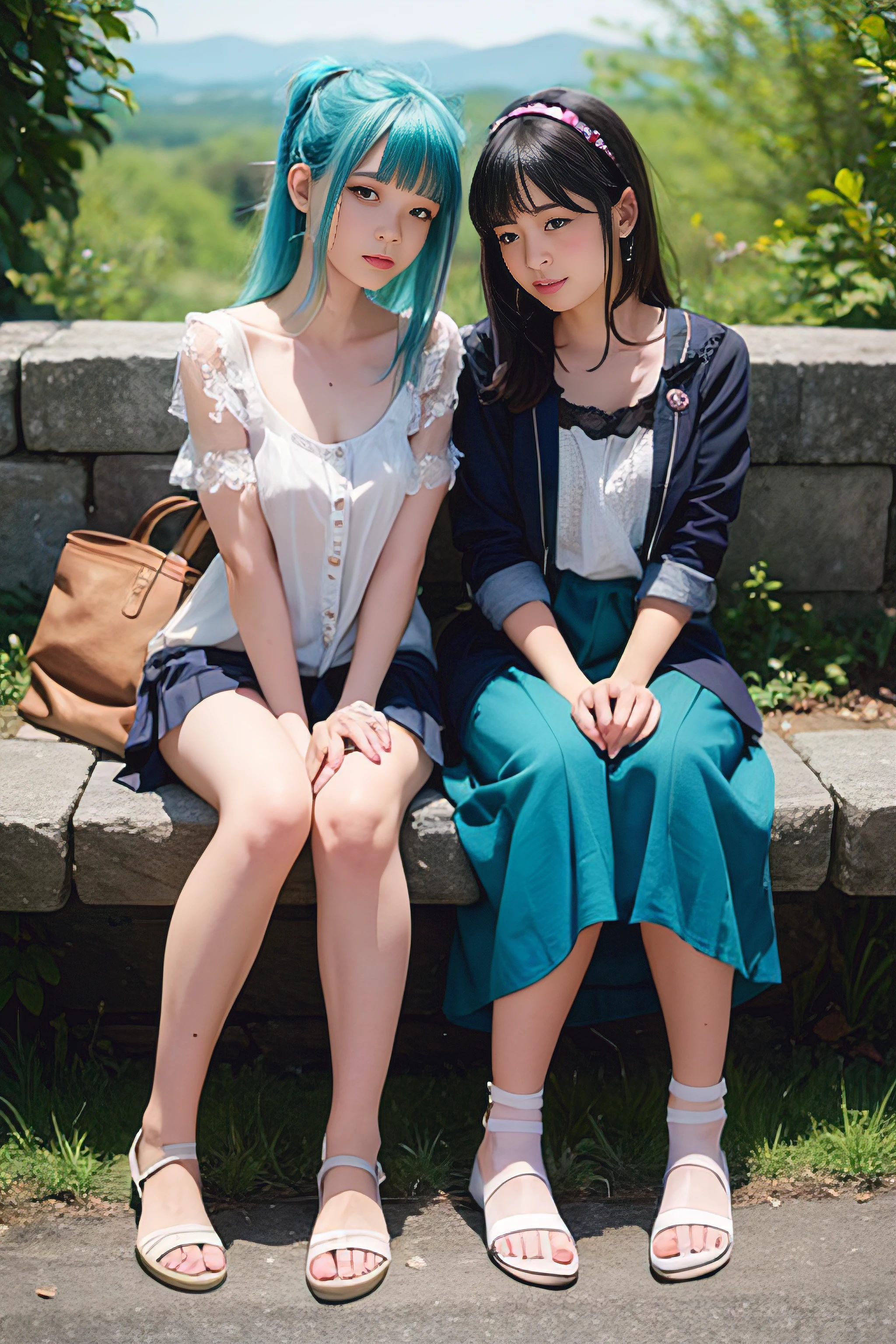 2girls, realistic, arm support, from above, green hair, heterochromia, aqua eyes, aqua eyes, smug,rmor, slippers, buttons, lace trim, starry sky