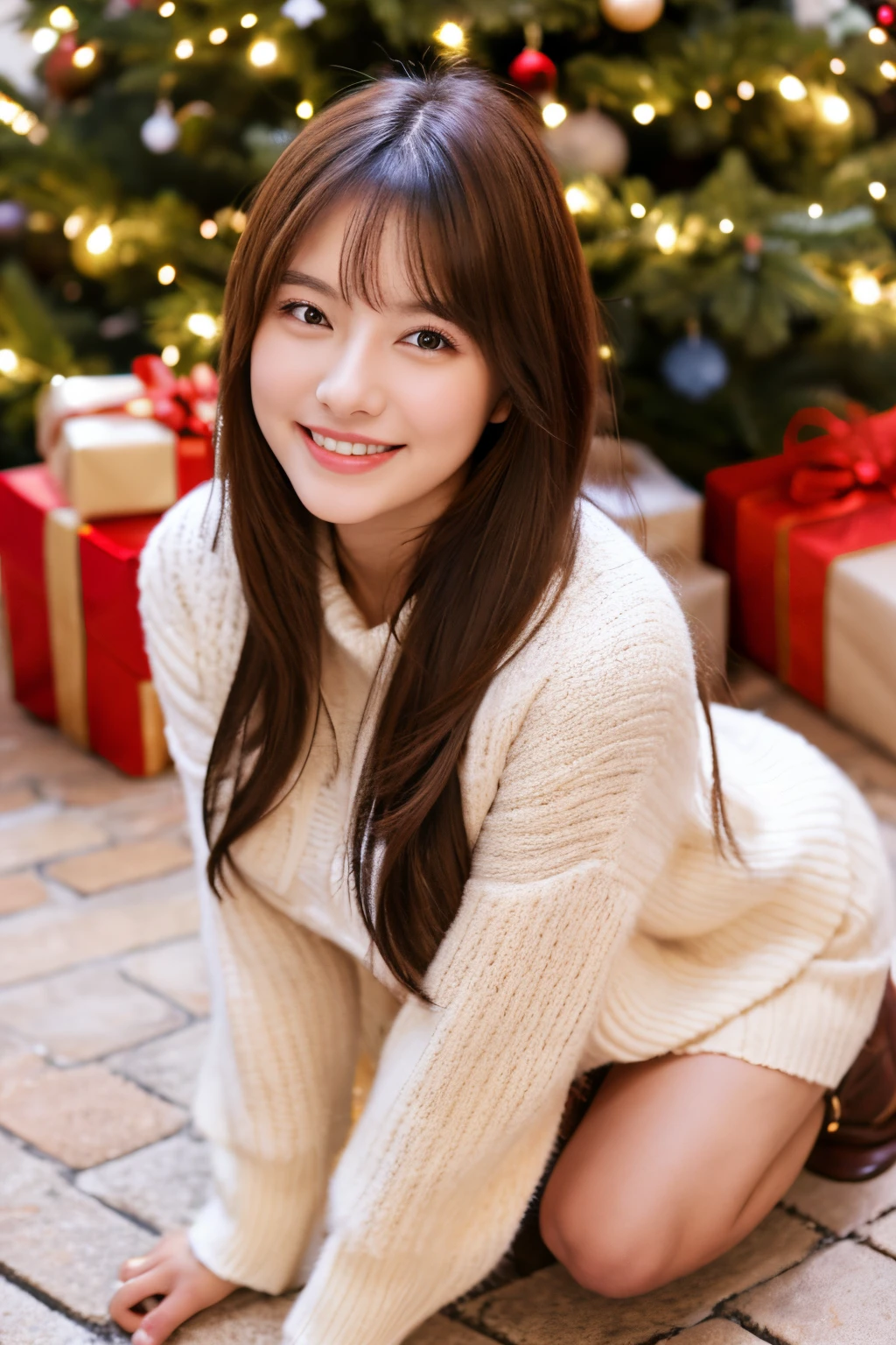 Masterpiece, top quality, high resolution, amazingly beautiful woman, wearing a winter fashion sweater, skirt, straight hair, small breasts, natural colored lips, smiling, squatting in front of the Christmas tree, Christmas night pavement background, looking at camera, ((full) body shot)),