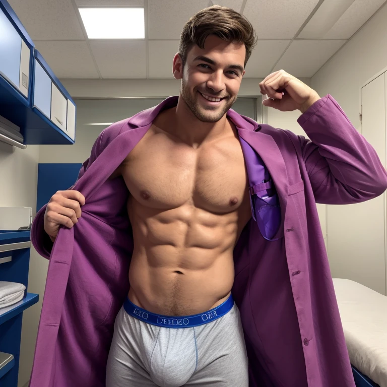 Naked handsome doctor, que se le vea los boxers, de pie, musculoso, que se le vea obligatoriamente la cara y que tenga un bulto grande en la entrepierna. que este sonriendo, ojos de color grises. Wear medical items, to wear the doctor's coat without closing it.