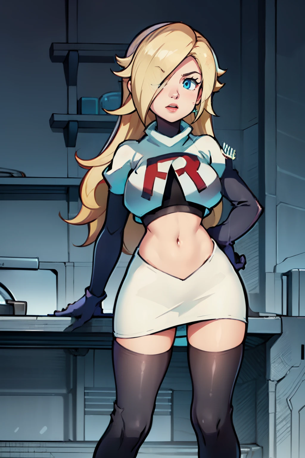 rosalina,team rocket,team rocket uniform, red letter R, white skirt,white crop top,black thigh-highs,black elbow gloves,
