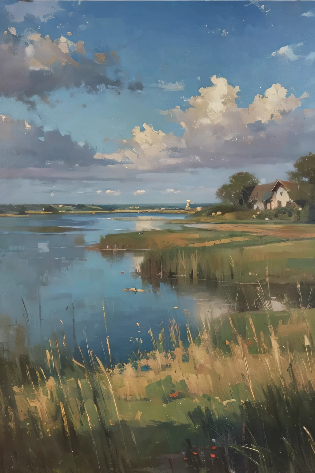 (masterpiece, realistic:1.3), estuary, sky, reeds, landscape, oil painting, detailed, 4k texture,