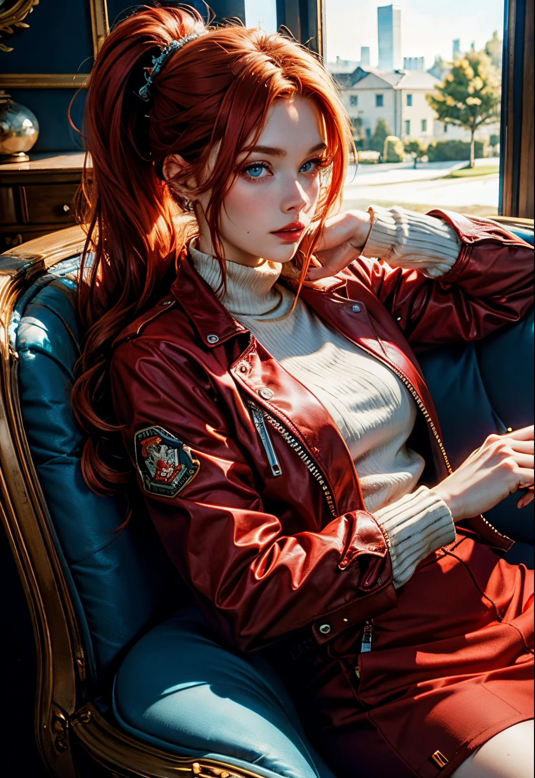 Beautiful redhead, blue eyes, Red jacket, sitting in an armchair, Ponytail, Beautiful