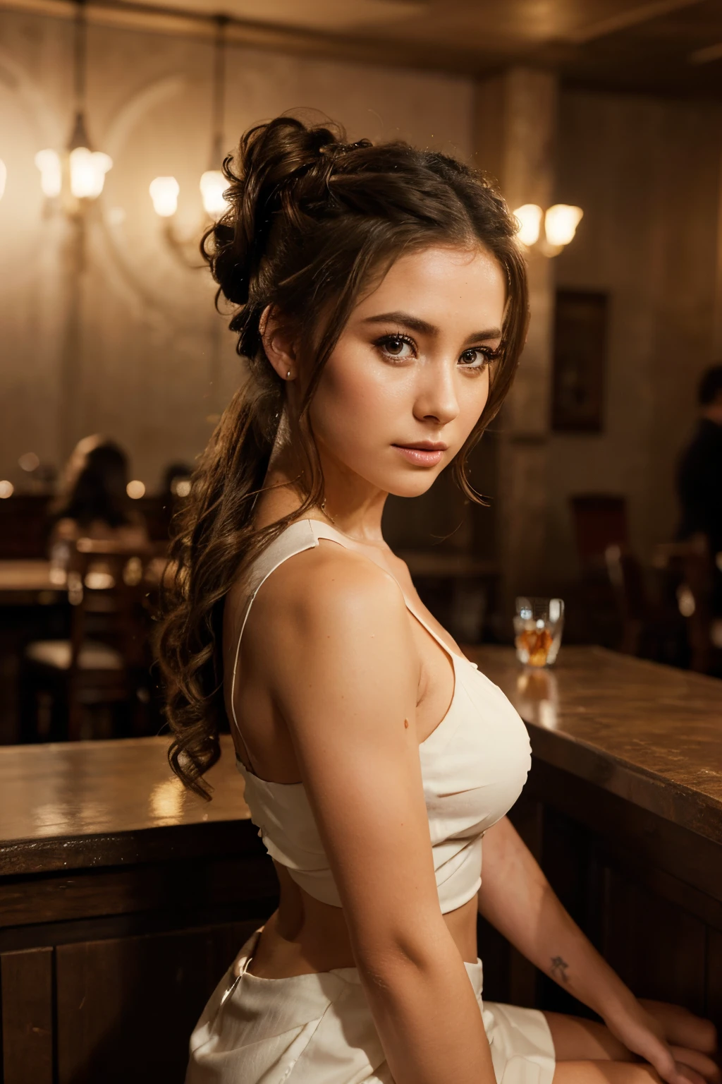 portrait photo of BrittBaker beautiful woman hair updo upsweep nightclub sitting at bar (masterpiece) (best quality) (detailed) (8k) (HDR) (wallpaper) (cinematic lighting) (sharp focus) (intricate)
