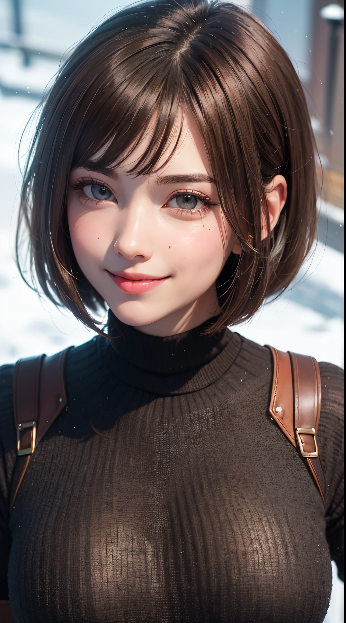 (UHD, retina, masterpiece, ccurate, anatomically correct, textured skin, super detail, high details, high quality, best quality, highres, 1080P, HD, 4K, 8k, 16k), (beautiful detailed eyes, beautiful detailed lips, extremely detailed eyes and face), studio lighting, physically-based rendering, vivid colorig tits, super big tits, super extra big tits, glamorous body), (white turtleneck knit), (portrait, shiny hair, shiny skin), (bokeh), (from flont, from above:1.2), (bob cut, asymmetrical hair, eye reflection:1.5), jet black hair, large eyes with a characteristic long cut, snow-like skin, pink lips, (rosy cheeks, a charming smile that captivates the onlookers, european face, dark brown eyes:1.5),