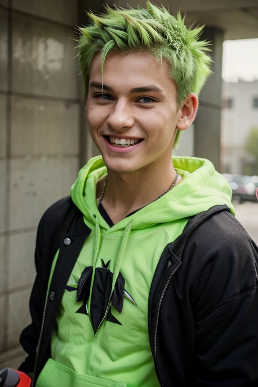 spiky hair, lime green hair, boy, schoolboy, cute boy, cute, lime green eyes, lime green hoodie, smiling, delinquent, handsome, detailed face, cute fang, enthusiastic, energetic