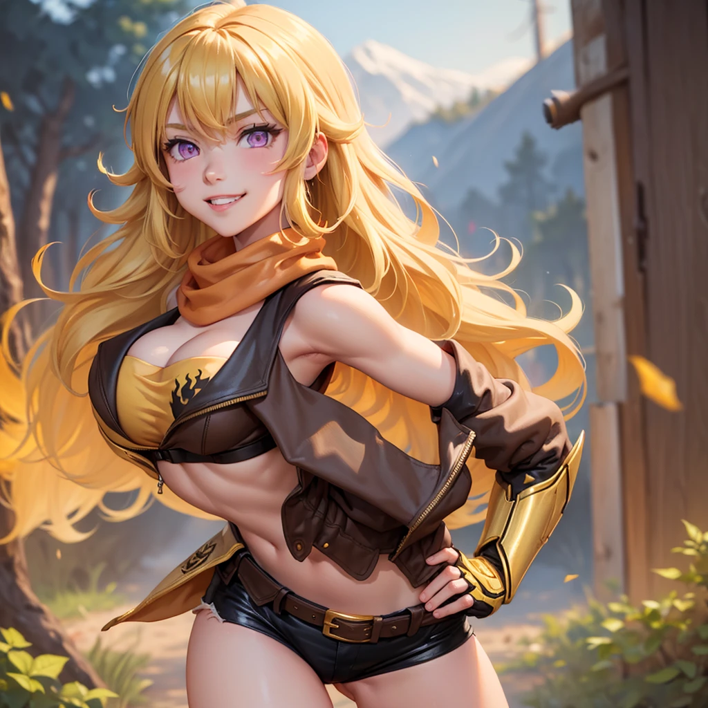 (masterpiece, best quality:1.2), cowboy shot, solo, 1girl, yang xiao long, grin, hand on hip, ahoge, purple eyes, brown jacket, yellow tube top, black shorts, black fingerless gloves, orange scarf, waist cape, midriff, cleavage, large breasts, country lane