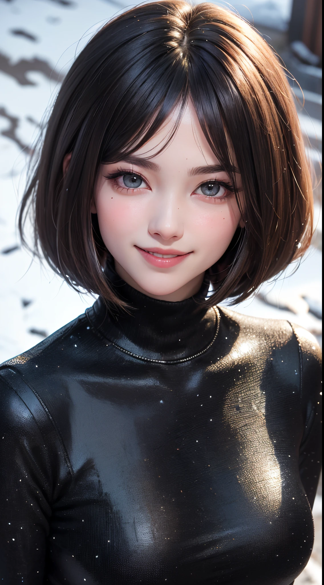 (UHD, retina, masterpiece, ccurate, anatomically correct, textured skin, super detail, high details, high quality, best quality, highres, 1080P, HD, 4K, 8k, 16k), (beautiful detailed eyes, beautiful detailed lips, extremely detailed eyes and face), studio lighting, physically-based rendering, vivid colorig tits, super big tits, super extra big tits, glamorous body), (white turtleneck knit), (portrait, shiny hair, shiny skin), (bokeh), (from flont, from above:1.37), (bob cut, asymmetrical hair, eye reflection:1.5), jet black hair, large eyes with a characteristic long cut, snow-like skin, pink lips, (rosy cheeks, a charming smile that captivates the onlookers, european face, jet black eyes:1.5),