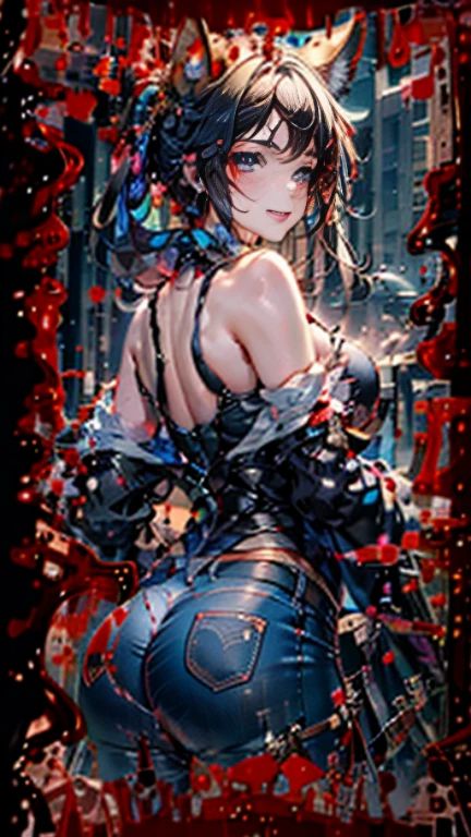 A girl whose face is stained with blood,Twin-tailed,large full breasts,Very big ass、Tank Tops,low rise jeans、posterior view,Looks Back,put out the tongue,torture room,murky,8K,High quality,Super Detail,super precision,Bloody,hanging body bag,Slasher,